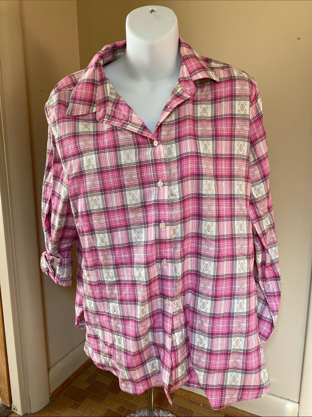LOFT Pink and White Plaid Button-Down Shirt